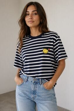 Galeries Lafayette Smiley Face Striped Tee Navy White Cotton Size M